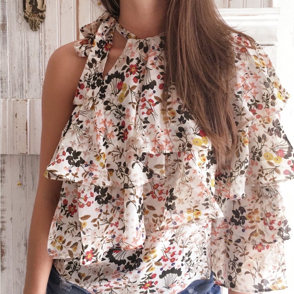 NWT Floral One Sleeve Ruffle Blouse